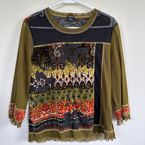 Tribal Tops - Tribal Mesh Burnout Shirt Floral Abstract 3/4 Sleeves Round Neck Womens L